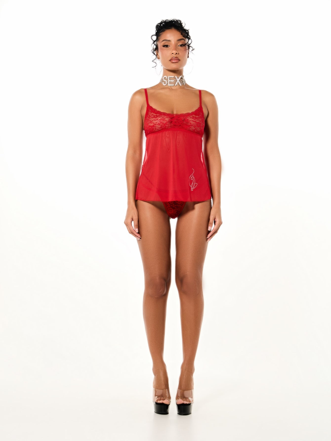 Lace Trim Babydoll Set With Matching Thong